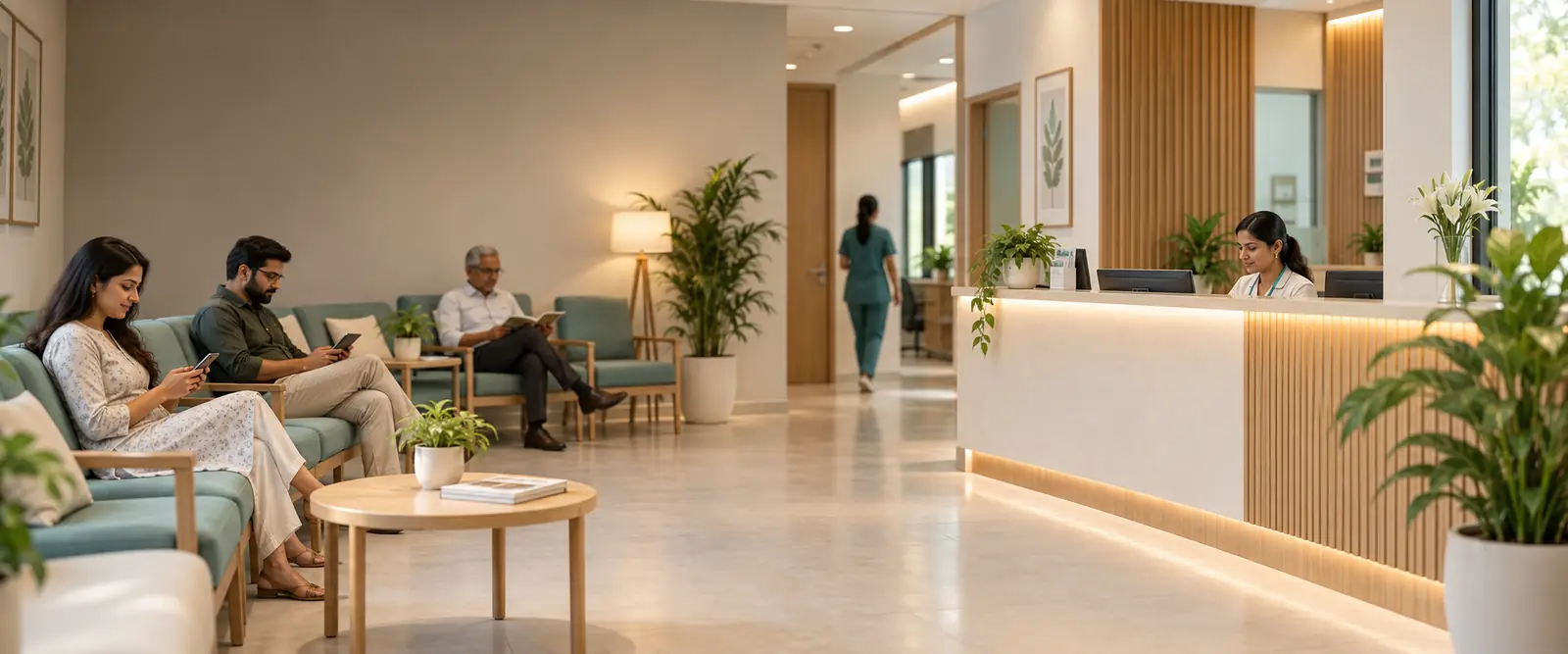 Clinic receptionist assisted by the Hugent AI receptionist answering a patient call
