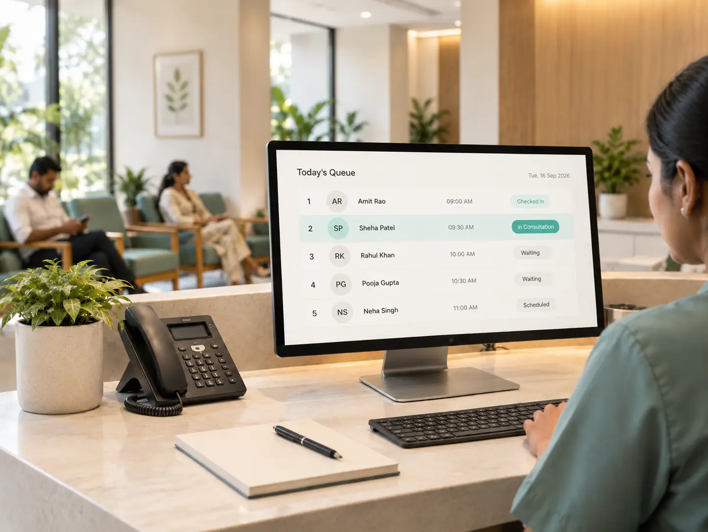 HuClinic front desk queue screen showing the day's patient list