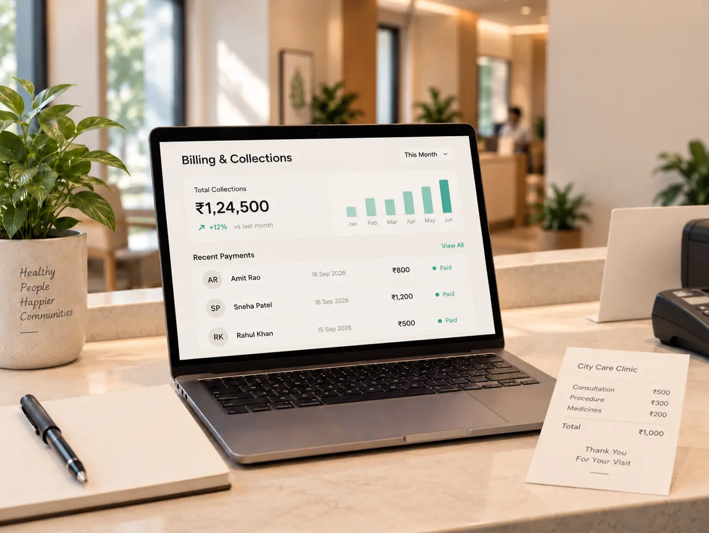 HuClinic billing screen with clinic payments and collections