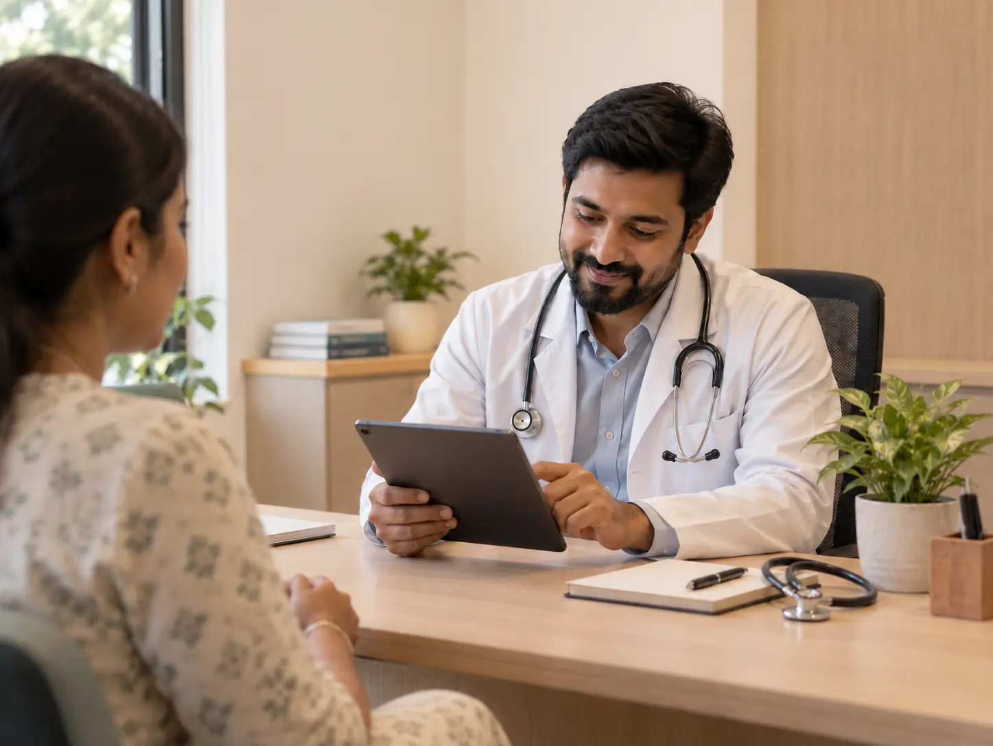 Doctor using the HuClinic consultation screen during a patient visit